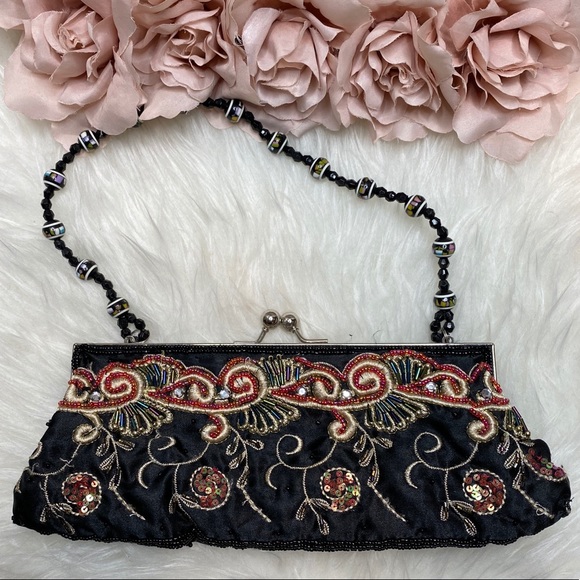 Aldo Handbags - 💕3/$50💕Beaded Clutch Black Gold Long Short Strap